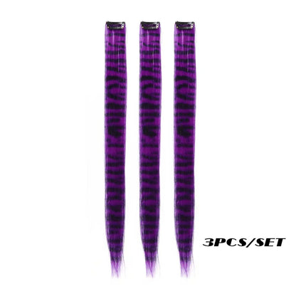 3-Piece Colorful Stripe Hair Extensions - Long Straight Synthetic Clip-In Hair Pieces for Parties & Halloween