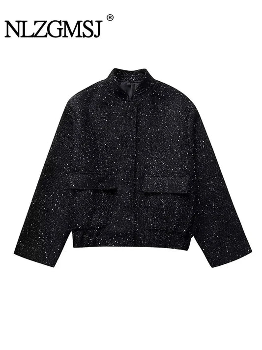Nlzgmsj Women's Shiny Sequin Jacket – Y2K Gold Stand Collar Long Sleeve Short Coat, Autumn/Winter High Streetwear