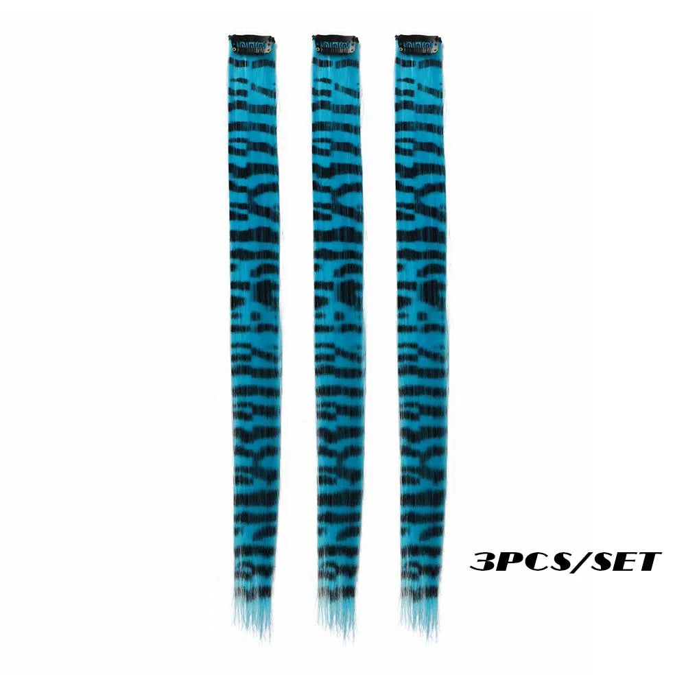 3-Piece Colorful Stripe Hair Extensions - Long Straight Synthetic Clip-In Hair Pieces for Parties & Halloween