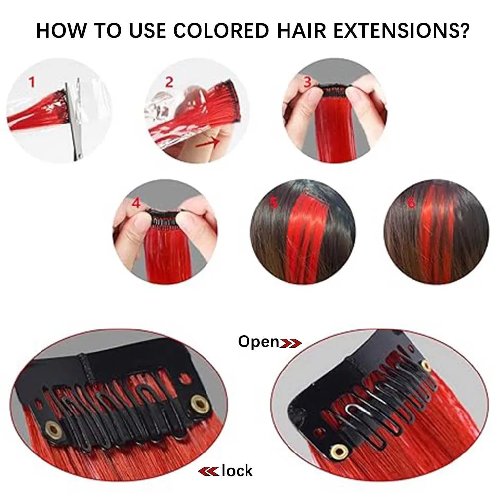3-Piece Colorful Stripe Hair Extensions - Long Straight Synthetic Clip-In Hair Pieces for Parties & Halloween