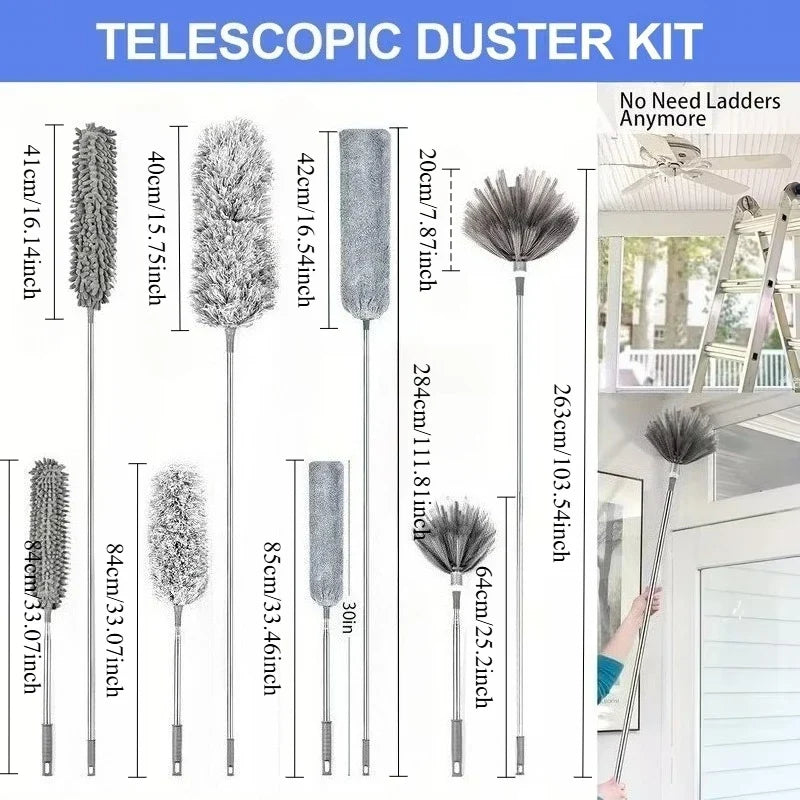 4-in-1 Extendable Microfiber Duster - Washable Bendable Feather Duster with 2.8-9.3 ft Stainless Steel Pole