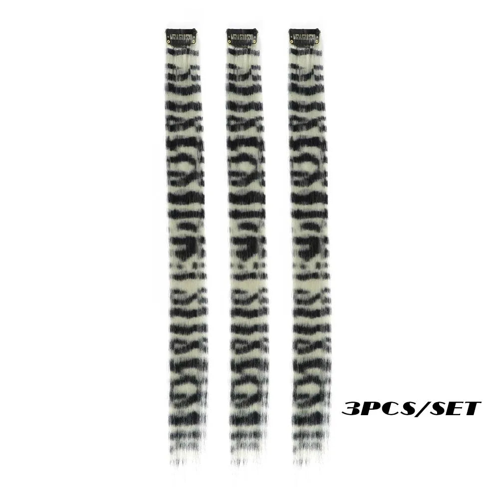 3-Piece Colorful Stripe Hair Extensions - Long Straight Synthetic Clip-In Hair Pieces for Parties & Halloween