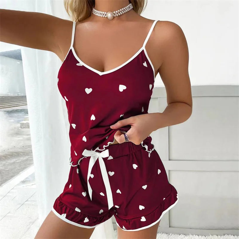 Women’s Summer Pajama Set - Soft Printed Vest Top & Shorts Casual Sleepwear Loungewear