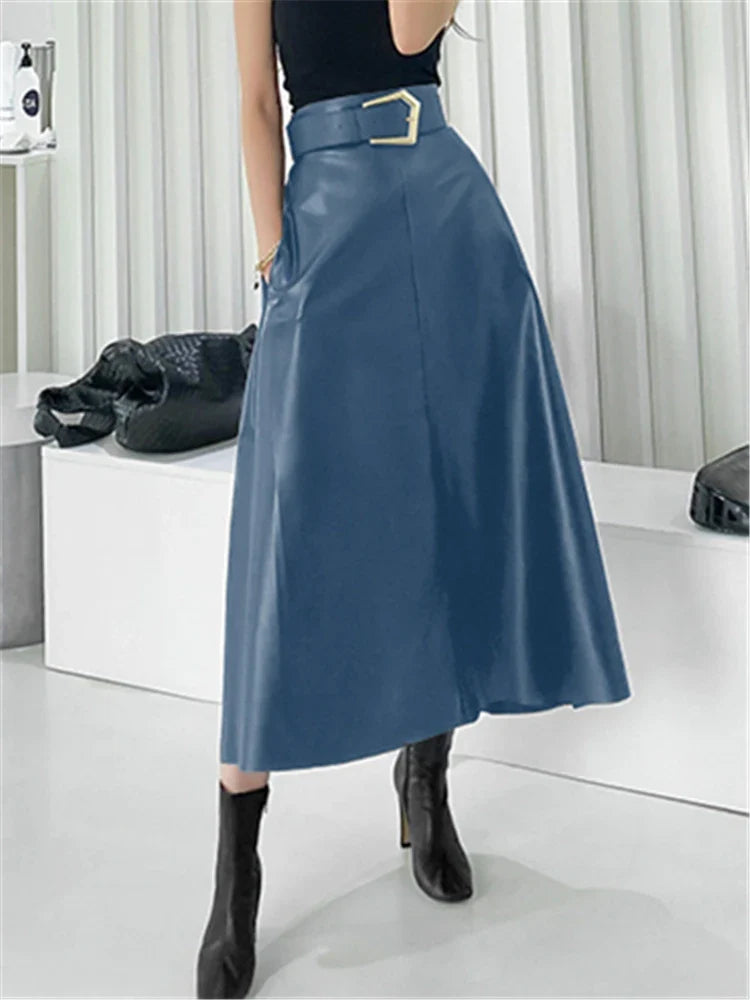 High Waist Faux Leather Long Skirt for Women – REALEFT Belted PU Leather Umbrella Skirt Autumn Winter Fashion
