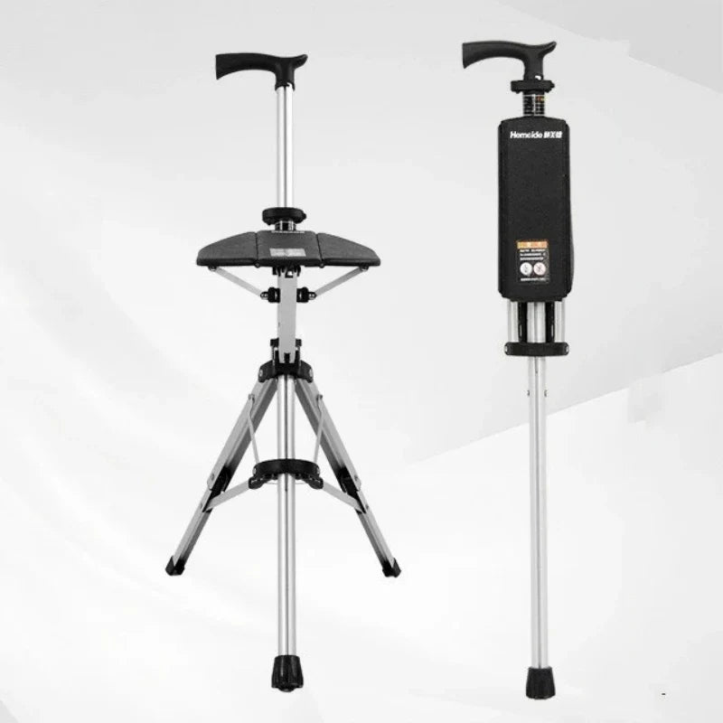 2-in-1 Portable Folding Cane & Chair — Quick-Fold Walking Stick with Built-In Seat and Three Legs