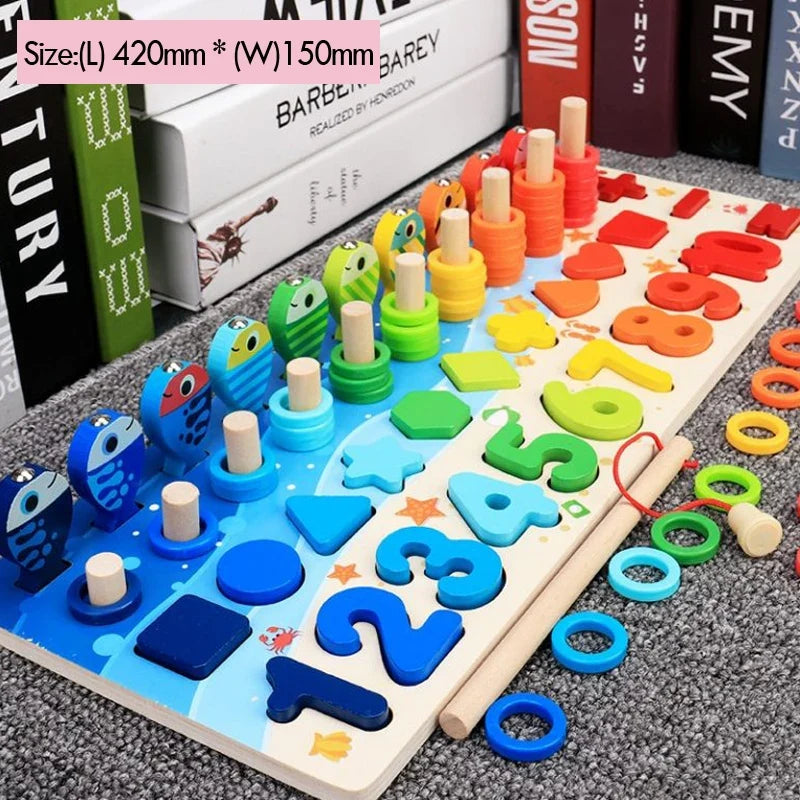 Montessori Math Learning Toy - Wooden Puzzle Fishing Game with Number Counting, Shape Matching & Sorting Activities for Toddlers