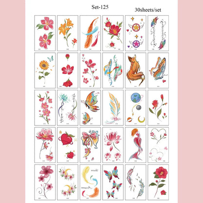 30pcs Black Temporary Tattoo Stickers - Flower Butterfly Rose Moon Star Mandala Designs for Hand, Chest & Body Art