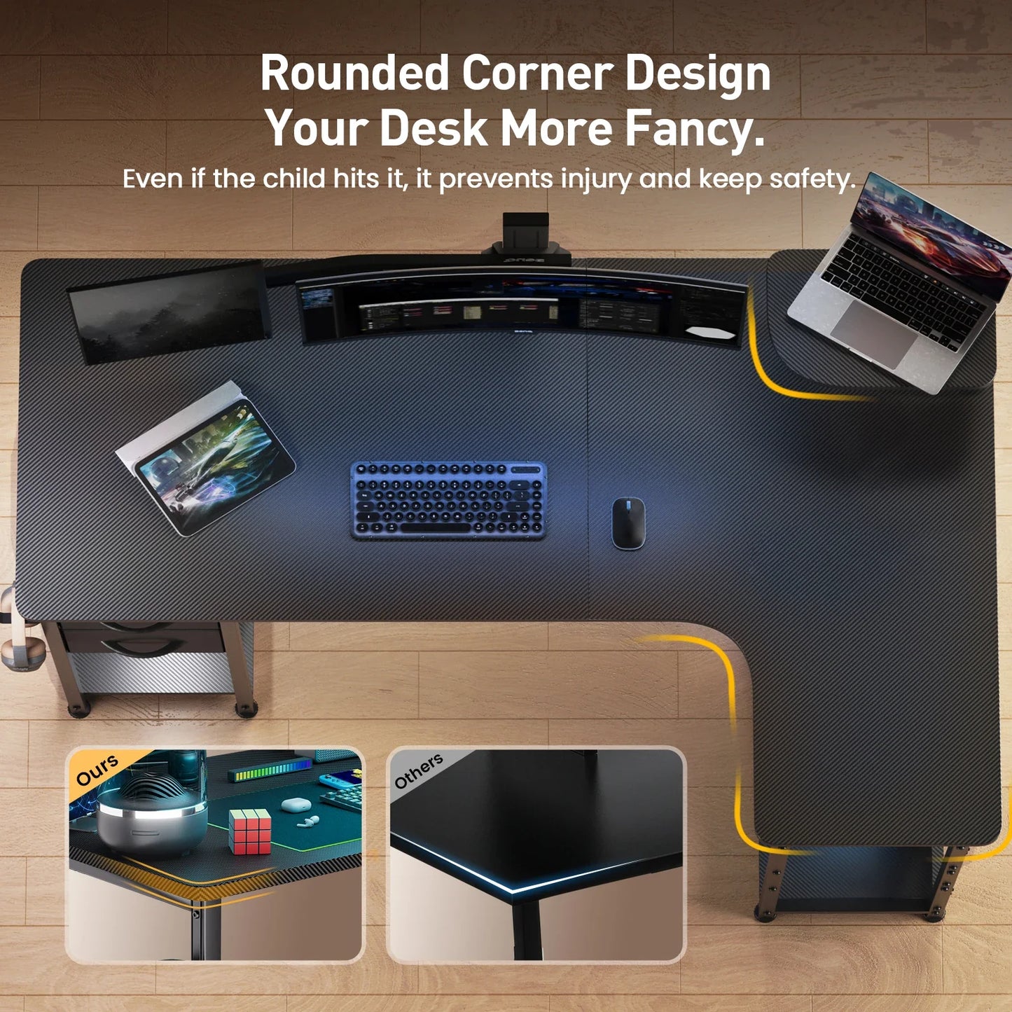 L-Shape Carbon Fiber Gaming Desk with Drawers & Monitor Arm – Home Office Computer Desk