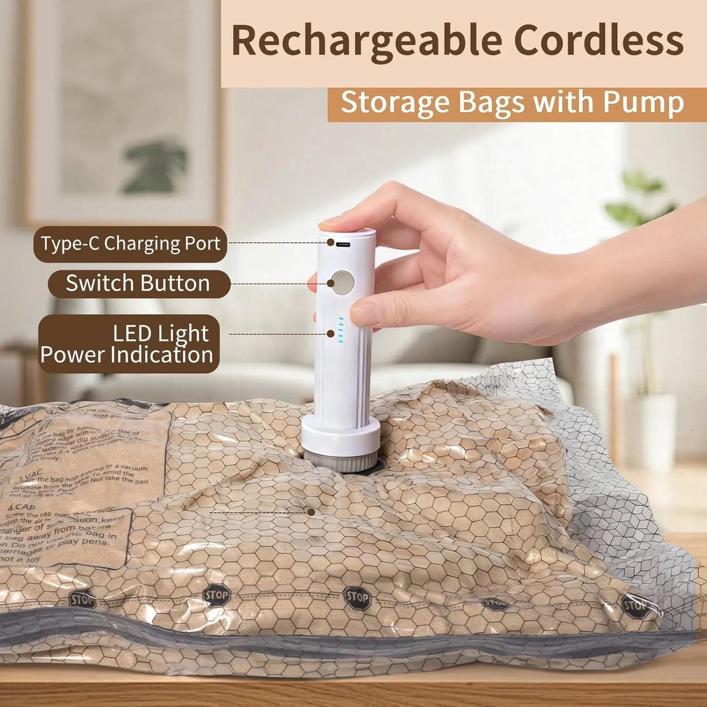 Rechargeable Air Pump Travel Vacuum Storage Bags – Space Saver Compression Bags for Luggage & Suitcases