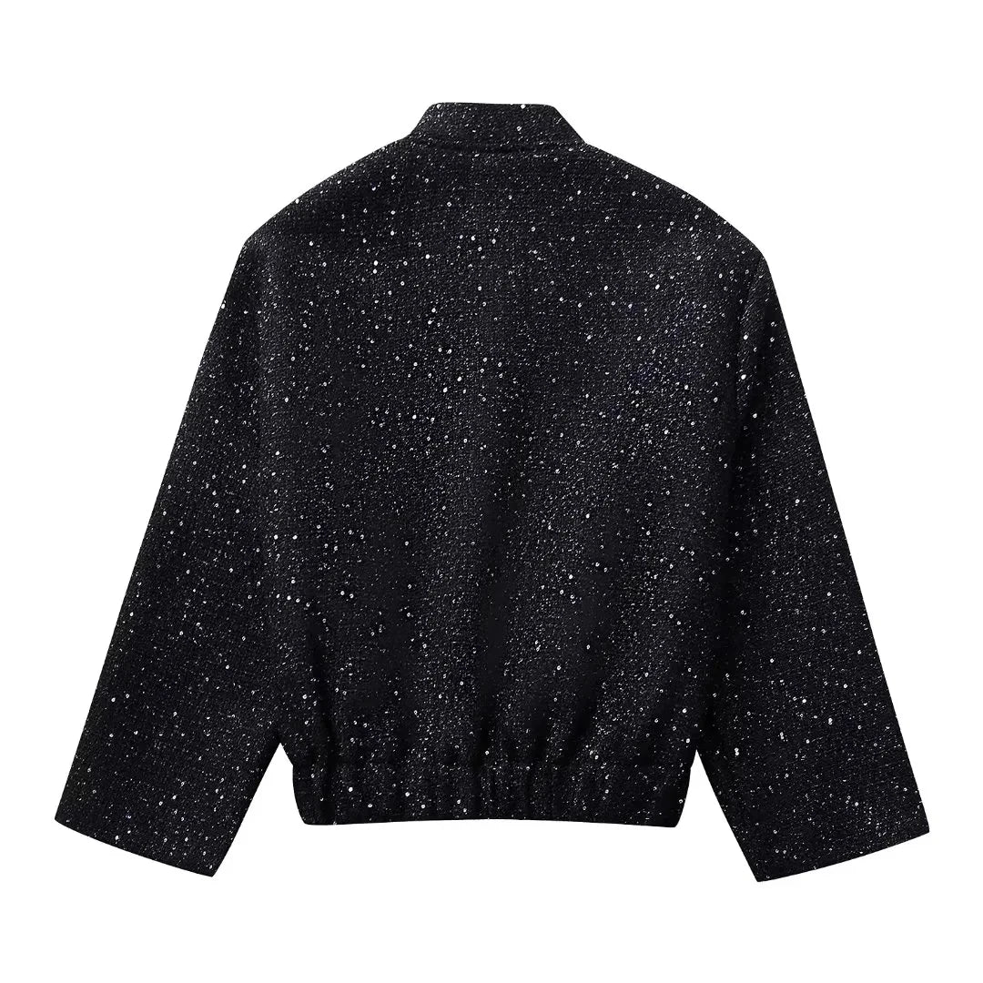 Nlzgmsj Women's Shiny Sequin Jacket – Y2K Gold Stand Collar Long Sleeve Short Coat, Autumn/Winter High Streetwear