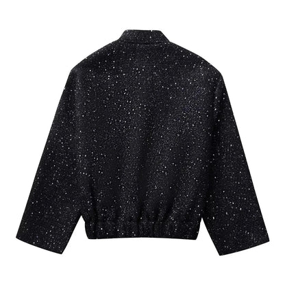 Nlzgmsj Women's Shiny Sequin Jacket – Y2K Gold Stand Collar Long Sleeve Short Coat, Autumn/Winter High Streetwear