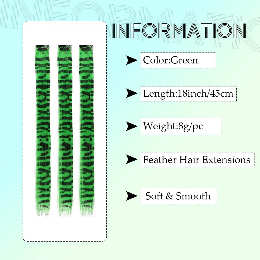 3-Piece Colorful Stripe Hair Extensions - Long Straight Synthetic Clip-In Hair Pieces for Parties & Halloween