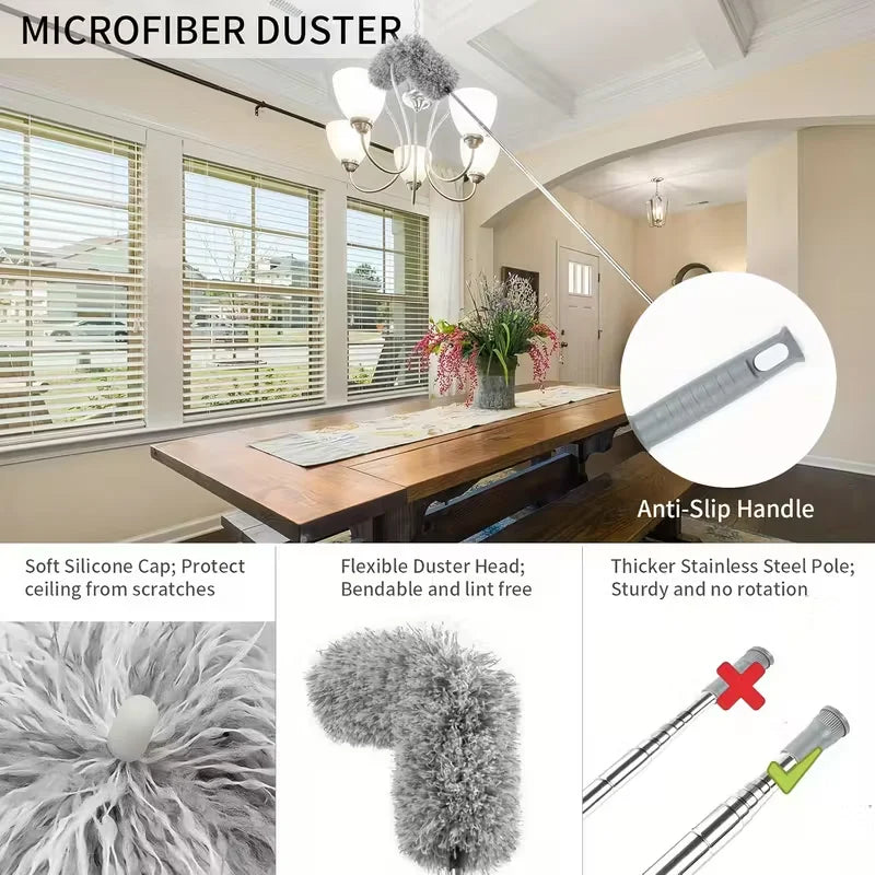 4-in-1 Extendable Microfiber Duster - Washable Bendable Feather Duster with 2.8-9.3 ft Stainless Steel Pole