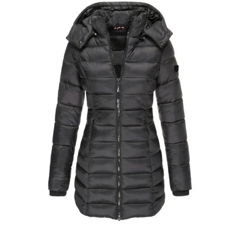 Women’s Winter Padded Parka – Thick Warm Mid-Length Slim Hooded Coat with Zipper