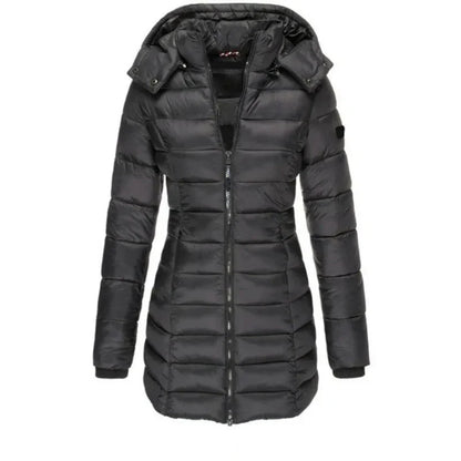 Women’s Winter Padded Parka – Thick Warm Mid-Length Slim Hooded Coat with Zipper