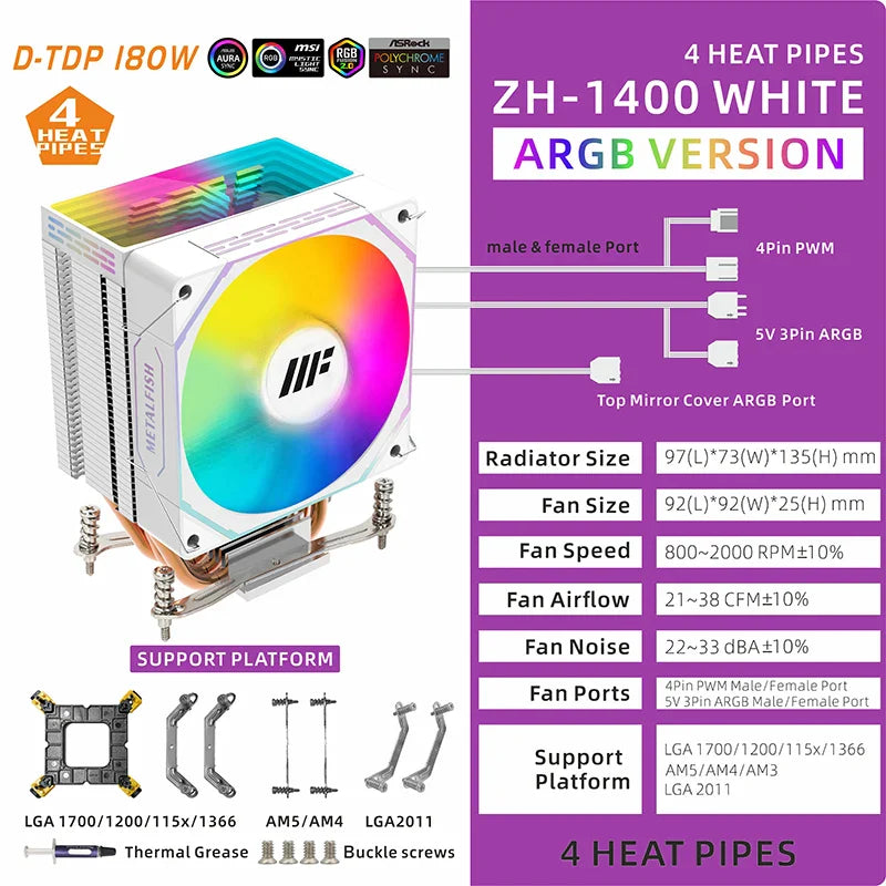 METALFISH White CPU Cooler – ARGB PWM Silent Fan Radiator 4-Pin High Performance Air Cooling for Intel LGA1700/1200/115X/1366/2011 & AMD AM5/AM4/x99/x79