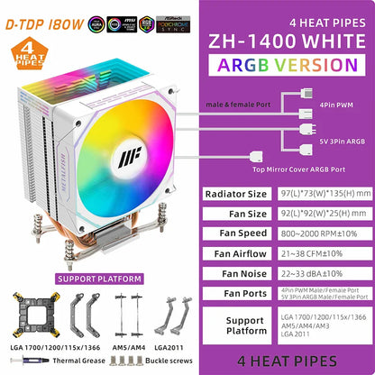 METALFISH White CPU Cooler – ARGB PWM Silent Fan Radiator 4-Pin High Performance Air Cooling for Intel LGA1700/1200/115X/1366/2011 & AMD AM5/AM4/x99/x79