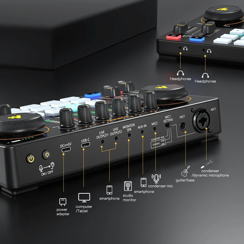Maono AME2 Audio Interface Mixer - All-in-One Portable Podcast Studio for Recording, Live Streaming, YouTube, Guitar & PC