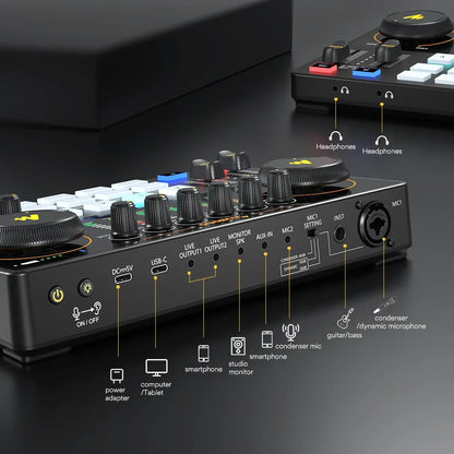 Maono AME2 Audio Interface Mixer - All-in-One Portable Podcast Studio for Recording, Live Streaming, YouTube, Guitar & PC