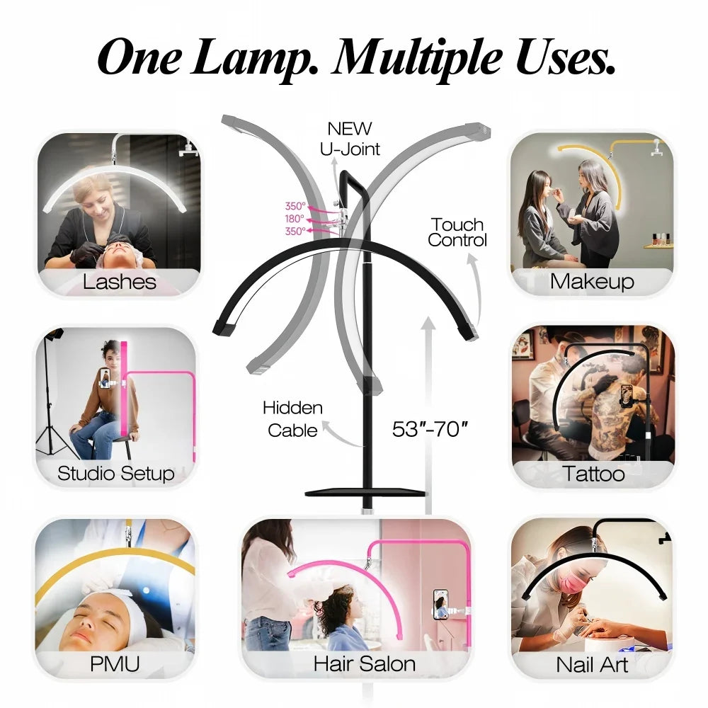 Hidden Cable Half Moon Beauty Lamp - Professional Lash Extension Floor Light with Custom Logo for Salon Makeup & Eyelash Artists