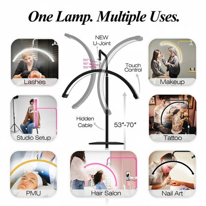 Hidden Cable Half Moon Beauty Lamp - Professional Lash Extension Floor Light with Custom Logo for Salon Makeup & Eyelash Artists