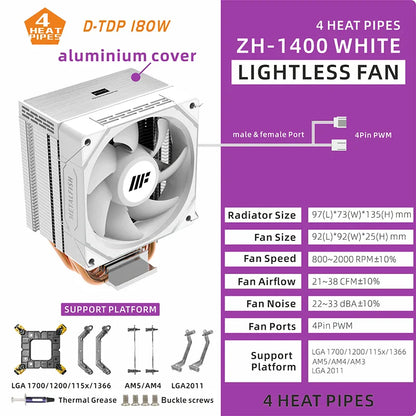 METALFISH White CPU Cooler – ARGB PWM Silent Fan Radiator 4-Pin High Performance Air Cooling for Intel LGA1700/1200/115X/1366/2011 & AMD AM5/AM4/x99/x79
