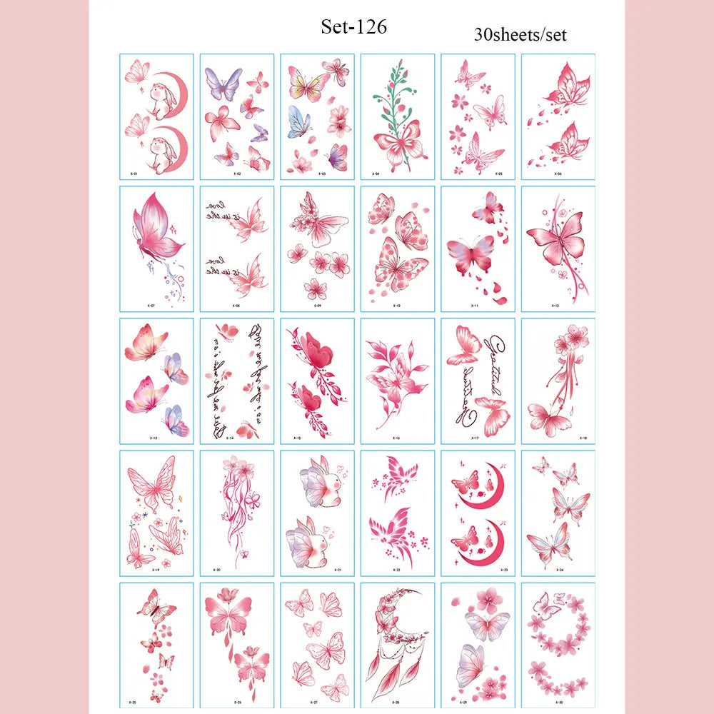 30pcs Black Temporary Tattoo Stickers - Flower Butterfly Rose Moon Star Mandala Designs for Hand, Chest & Body Art