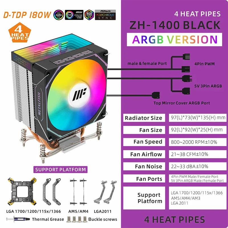 METALFISH White CPU Cooler — Silent ARGB 4-Pin PWM Fan with Radiator for Intel LGA 1700/1200/1150/1155/1156/1366/2011 & AMD AM5/AM4/AM3/X99/X79