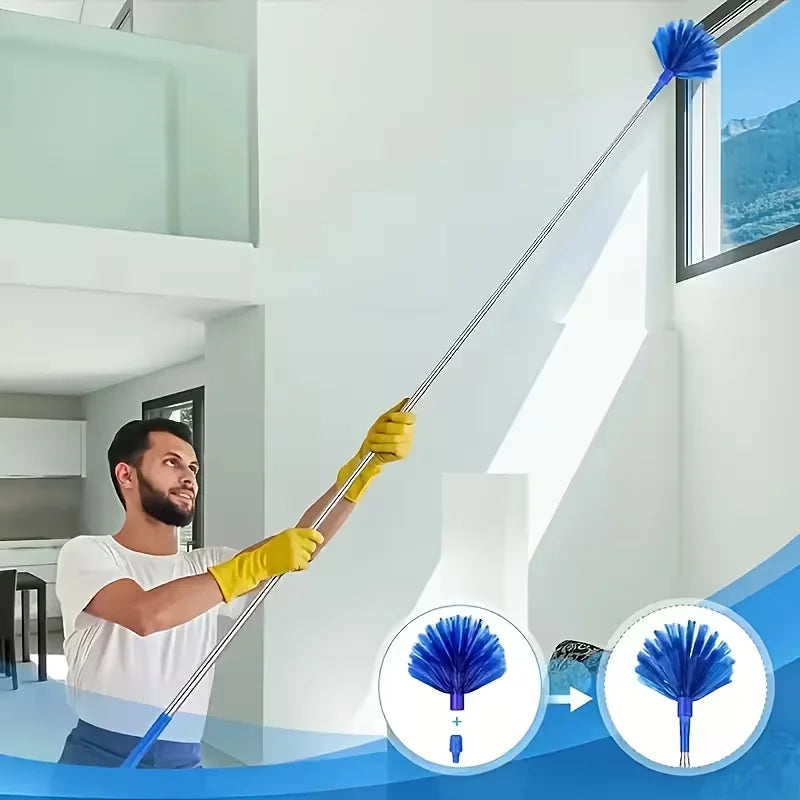 Extendable Spider Web Duster - Retractable Stainless Steel Pole Cleaning Brush for Indoor & Outdoor Use