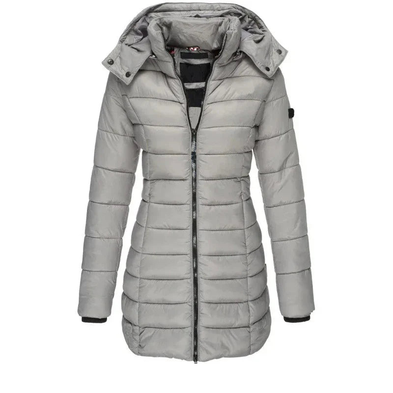 Women’s Winter Padded Parka – Thick Warm Mid-Length Slim Hooded Coat with Zipper