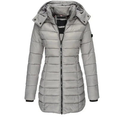 Women’s Winter Padded Parka – Thick Warm Mid-Length Slim Hooded Coat with Zipper