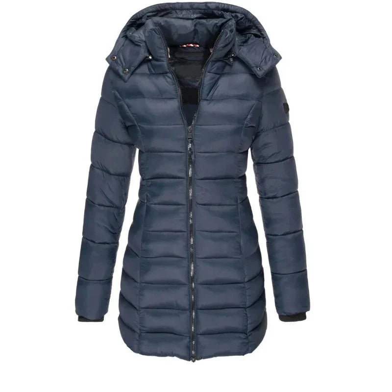 Women’s Winter Padded Parka – Thick Warm Mid-Length Slim Hooded Coat with Zipper