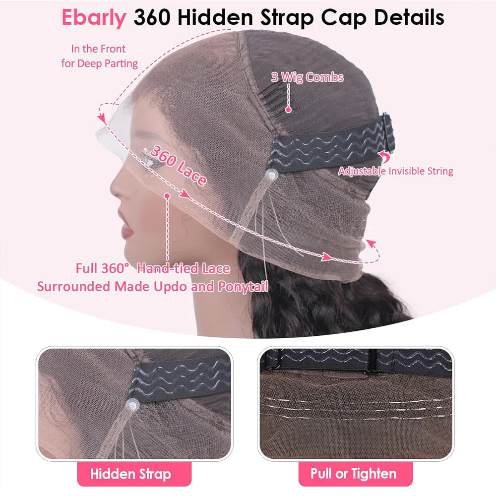 Invisi Strap HD 360 Full Lace Wig – 250 Density Precut Lace Frontal Wig, Drawstring Snug Fit, Pre-Plucked Glueless Human Hair Wig
