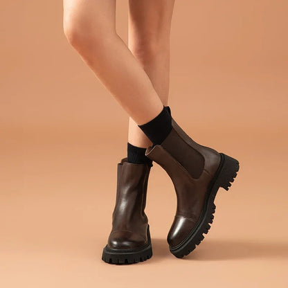 BeauToday Women’s Flat Chelsea Ankle Boots - Genuine Cow Leather Elastic Side Strap Handmade Spring & Autumn Shoes