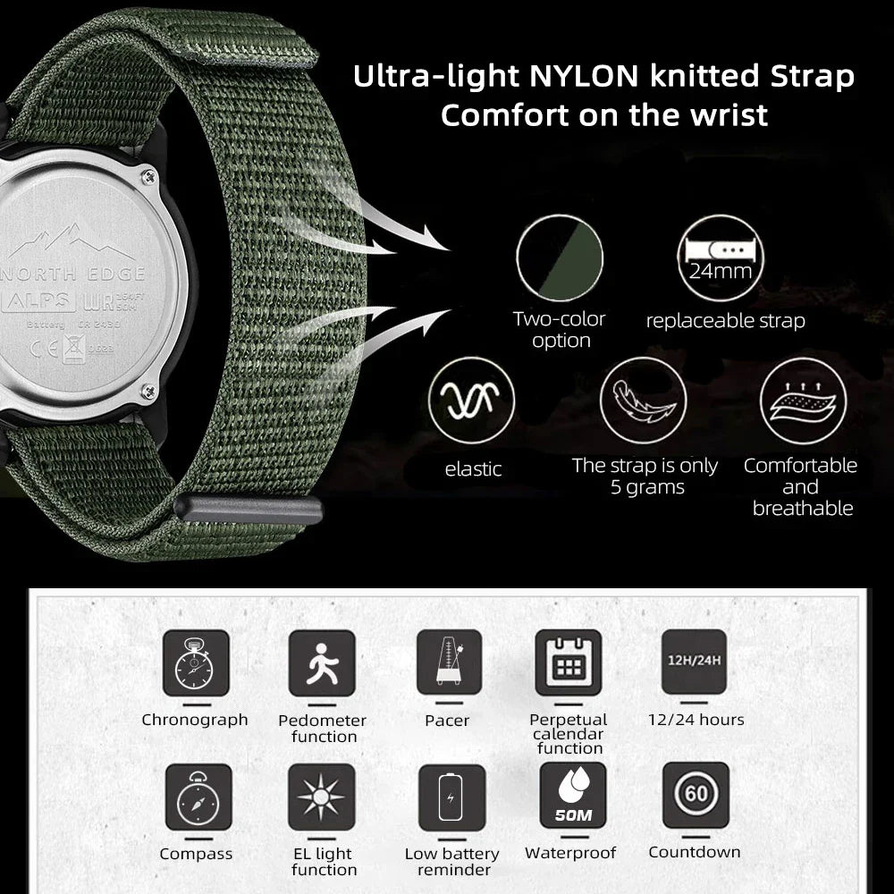 NORTH EDGE ALPS Men's Digital Carbon Fiber Watch Shockproof Military Sports Waterproof 50M Outdoor Compass Wristwatch
