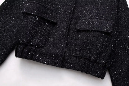 Nlzgmsj Women’s Shiny Sequin Jacket – Y2K Gold Stand Collar Short Coat, Autumn Winter High Streetwear