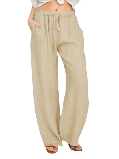 Women’s Cotton Linen Wide Leg Pants – Casual Loose Fit Elastic Waist Pocket Straight Trousers Oversized Streetwear