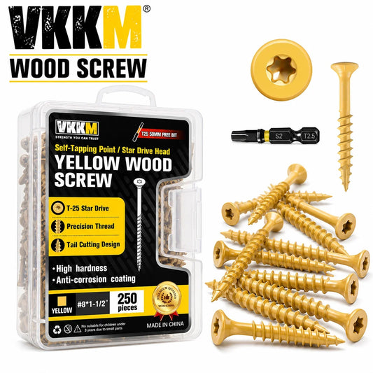 250-Piece T25 Yellow Wood Screws - #8 x 1.5-Inch Star Drive Self-Tapping Screws for DIY, Decks, Fences & Furniture