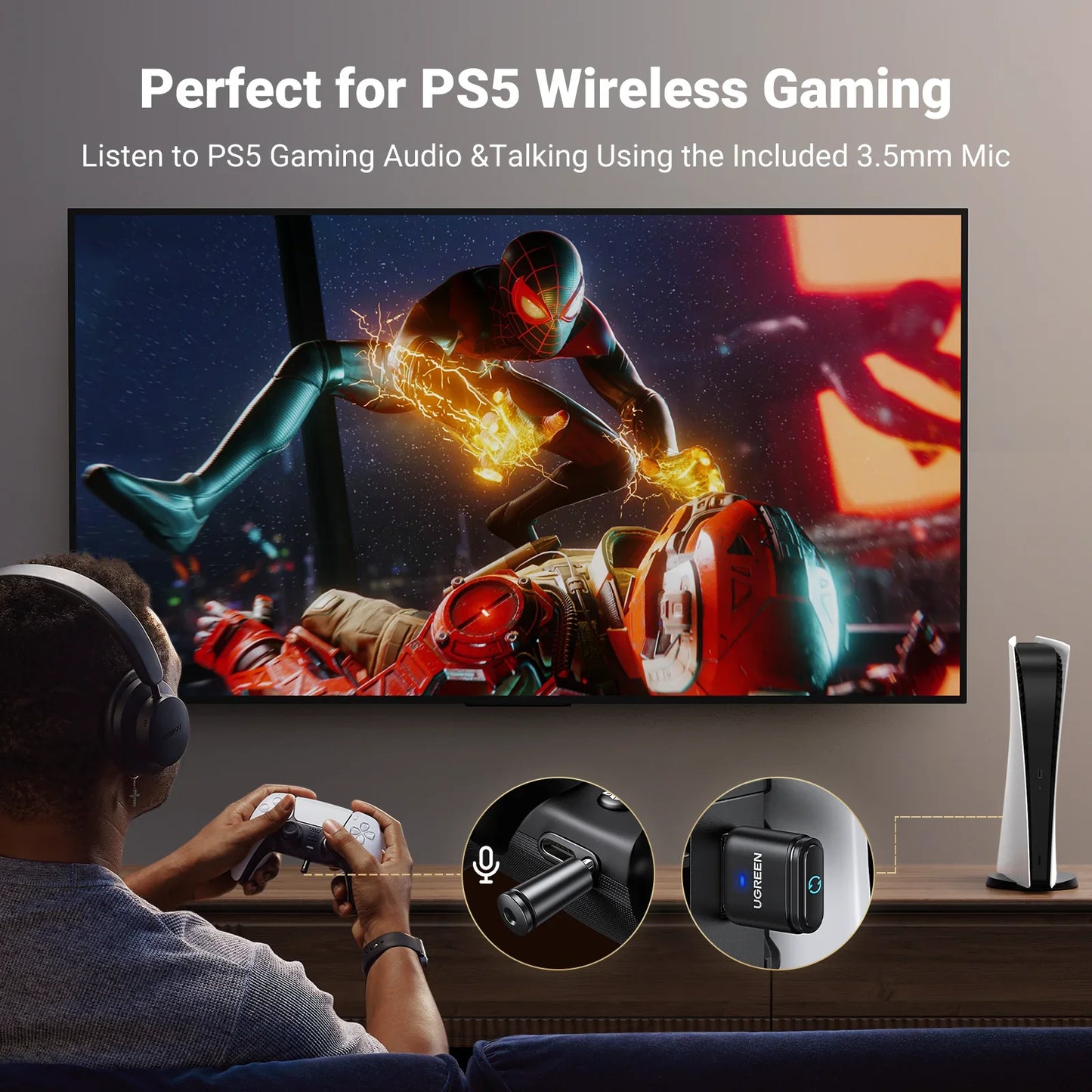 USB Bluetooth 5.3 Transmitter & Receiver – aptX HD Audio Adapter for PS5, PS4, Nintendo Switch, Headsets, Speakers & Mic