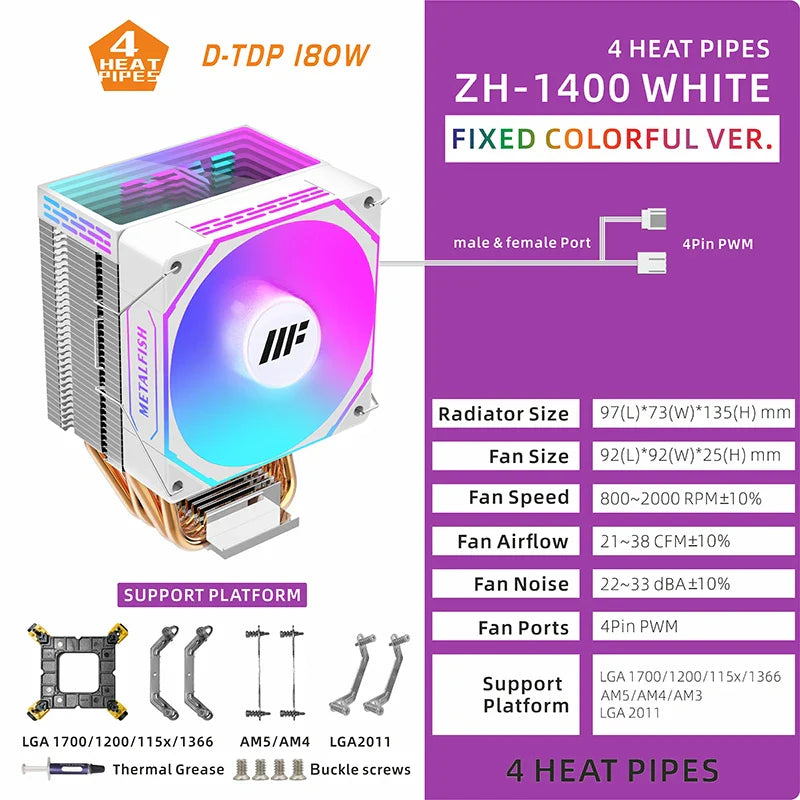 METALFISH ZH1400 ARGB CPU Cooler – 4 Heat Pipes PWM Silent Fan for Intel LGA1700/1200/115X & AMD AM5/AM4 High Performance Cooling