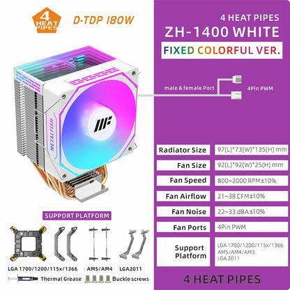 METALFISH ZH1400 ARGB CPU Cooler – 4 Heat Pipes PWM Silent Fan for Intel LGA1700/1200/115X & AMD AM5/AM4 High Performance Cooling