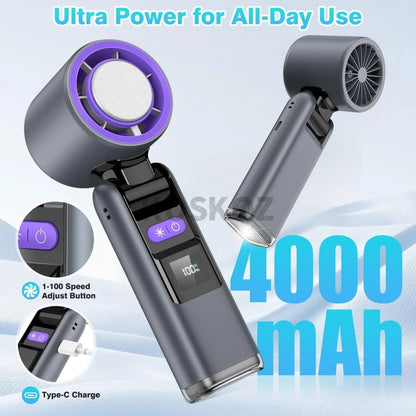 Portable Handheld Turbo Fan - 5-Speed High Velocity Rechargeable Mini Cooling Fan with Flashlight & 4000mAh Battery for Travel
