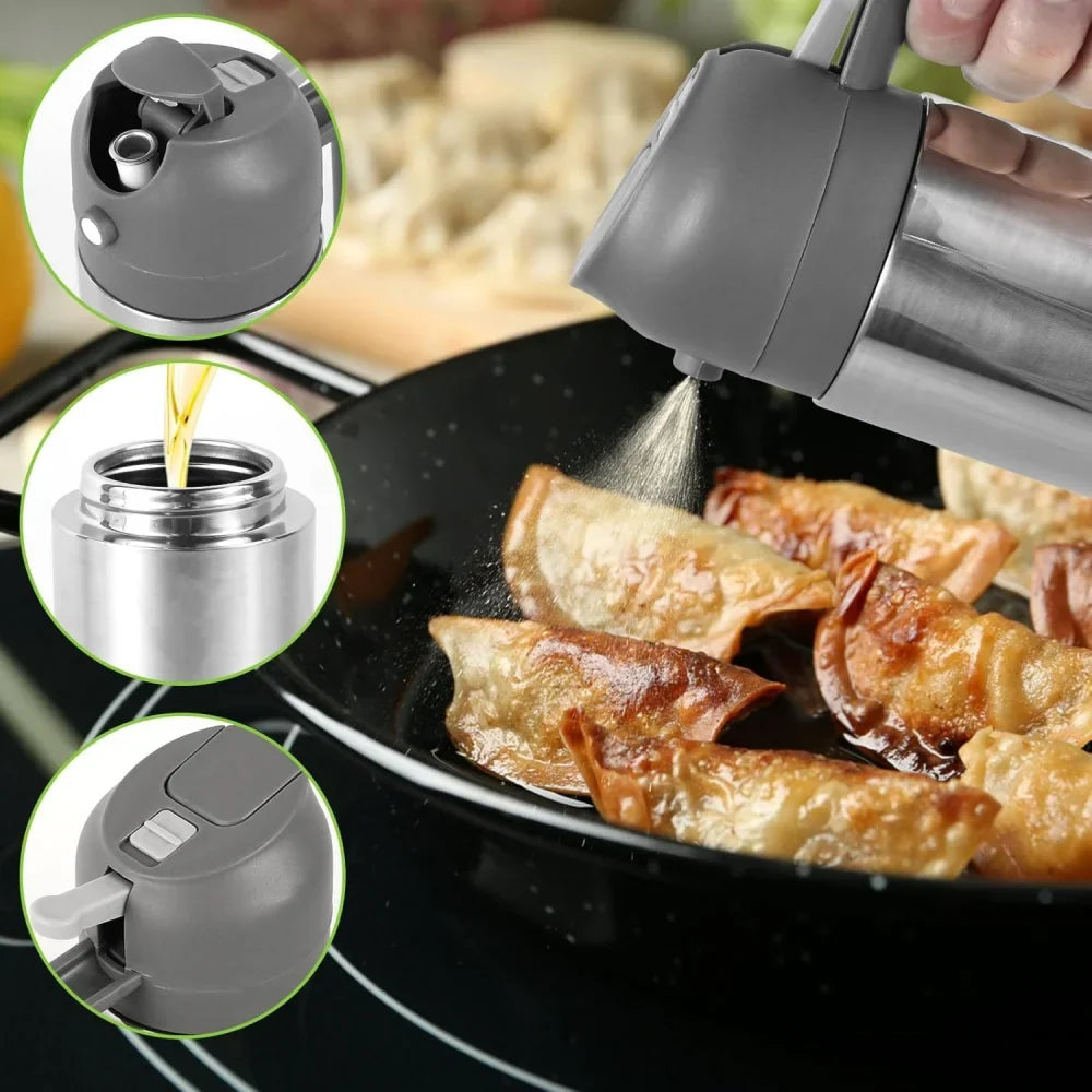 2-in-1 Oil Dispenser Bottle - Stainless Steel Cooking Oil Sprayer for Baking, Cooking & Portable Refillable Use