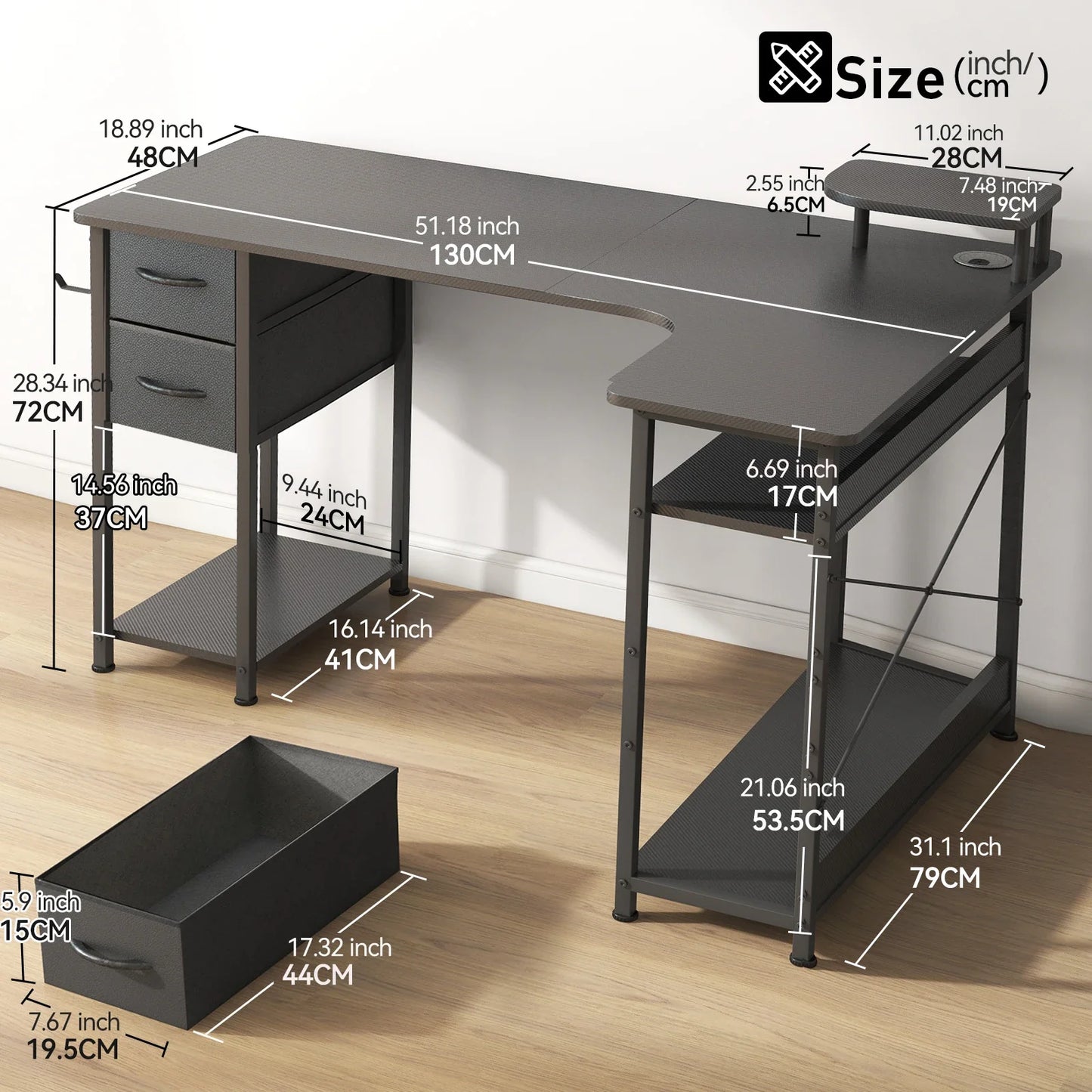 L-Shaped Gaming Desk with Drawers – Carbon Fiber Computer Desk with Monitor Arm for Home Office