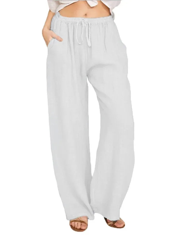 Women’s Cotton Linen Wide Leg Pants – Casual Loose Fit Elastic Waist Pocket Straight Trousers Oversized Streetwear
