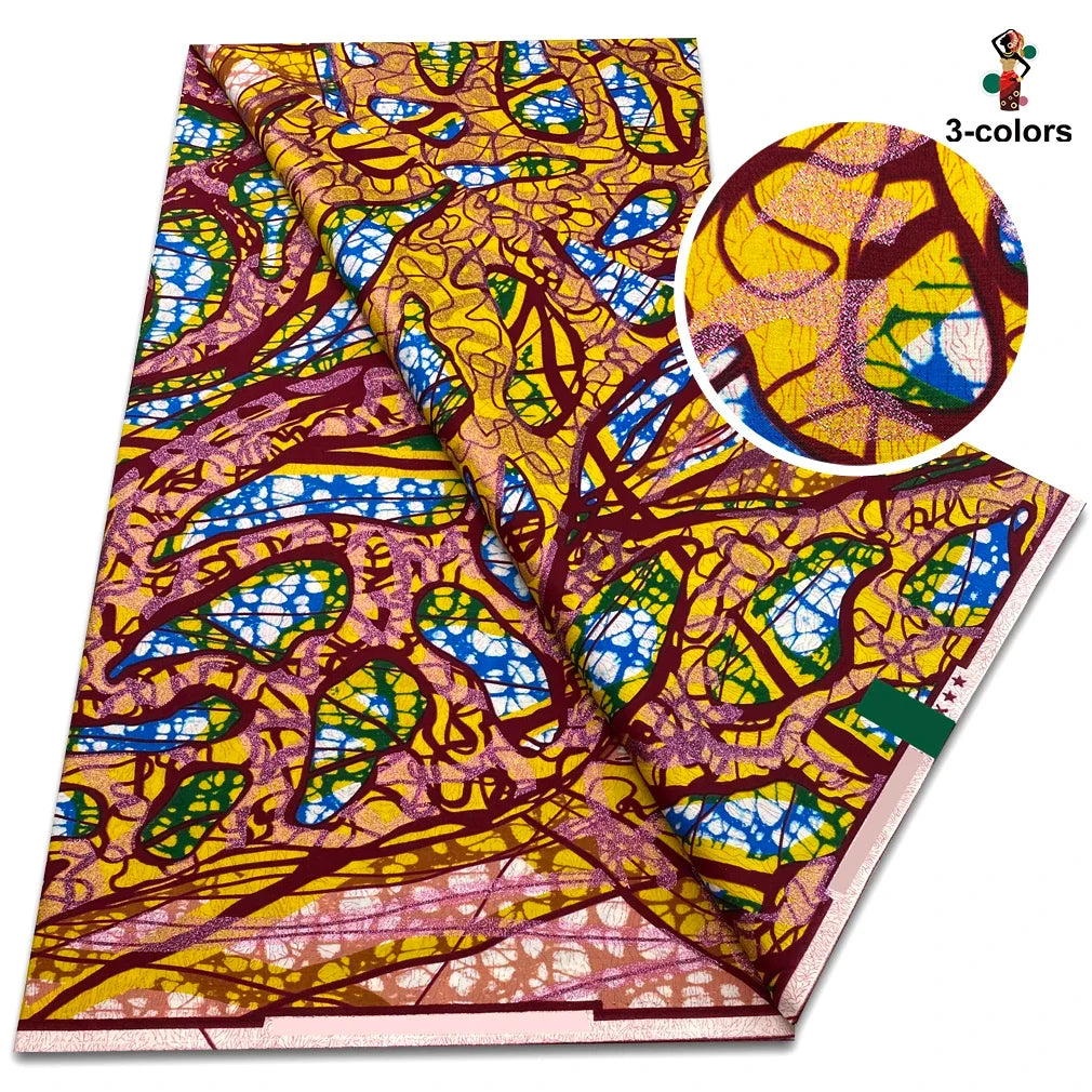 African Glitter Golden Wax Fabric - Nigerian Ankara Gold Print 6 Yards Sewing Material