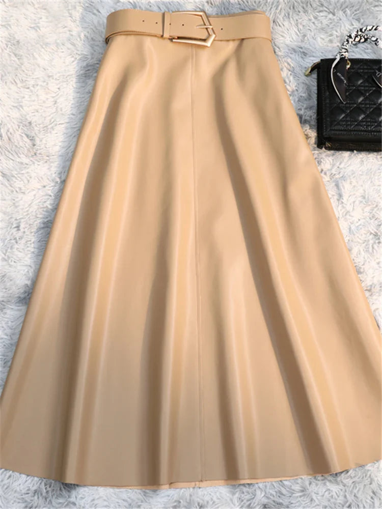 High Waist Faux Leather Long Skirt for Women – REALEFT Belted PU Leather Umbrella Skirt Autumn Winter Fashion