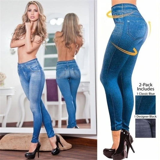 2024 Women's Faux Denim Leggings - Seamless High Waist Push Up Pocket Skinny Pants