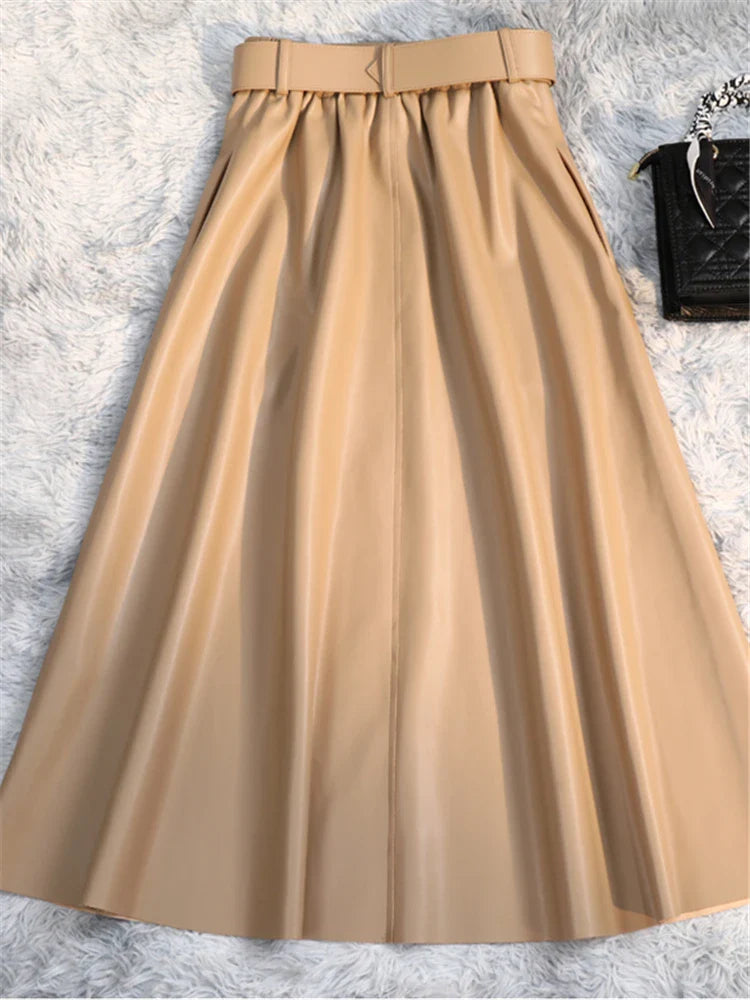 High Waist Faux Leather Long Skirt for Women – REALEFT Belted PU Leather Umbrella Skirt Autumn Winter Fashion