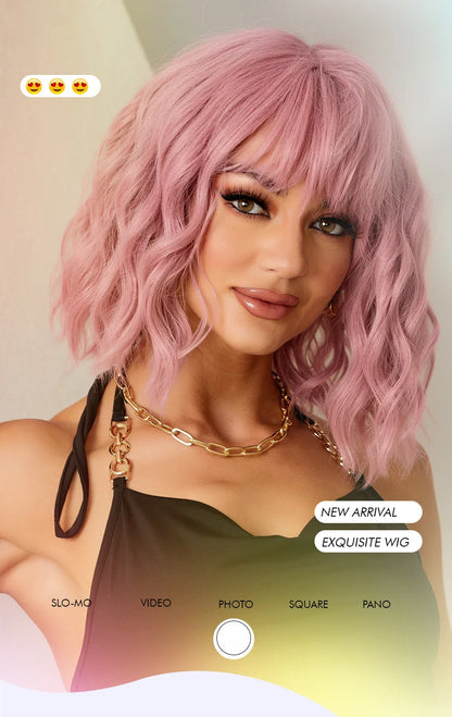 CharmSource Pink BOBO Short Synthetic Wig for Women — Natural Wave, High-Density, Heat-Resistant Hair for Daily & Party